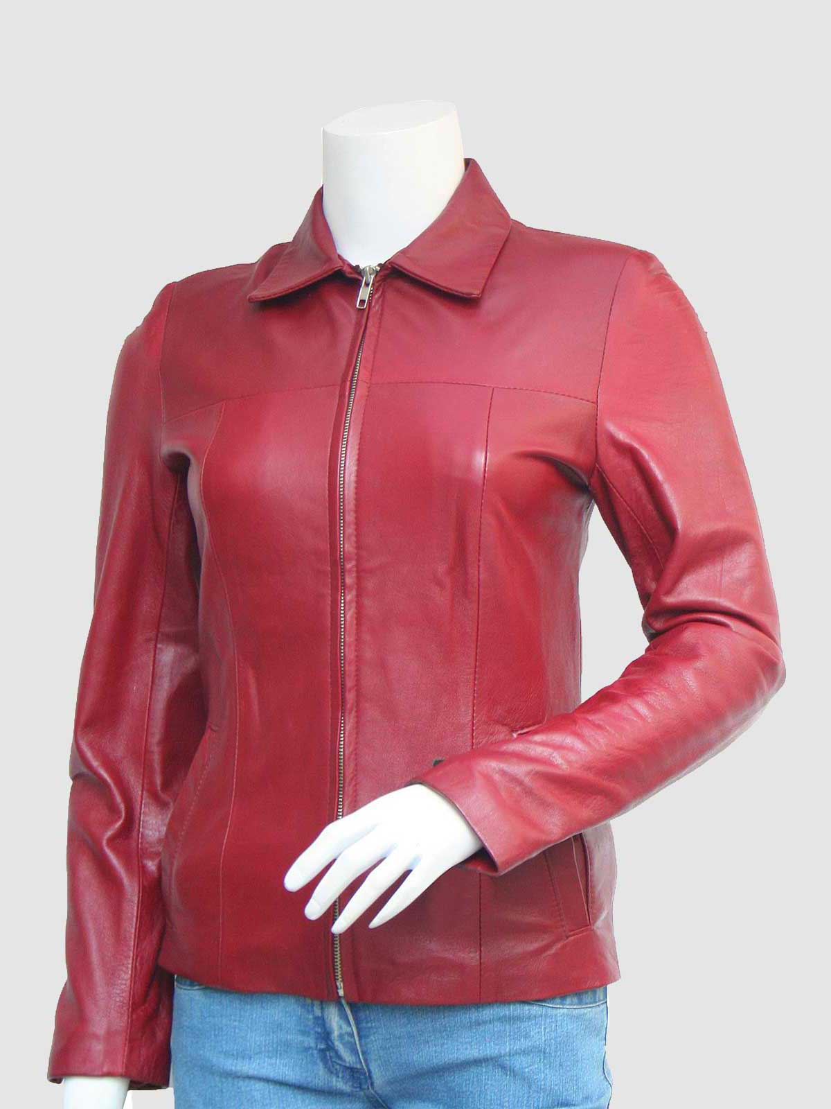 Front view of a tailored red leather jacket for women, showcasing the fold-down collar, smooth texture, and vertical seam lines.