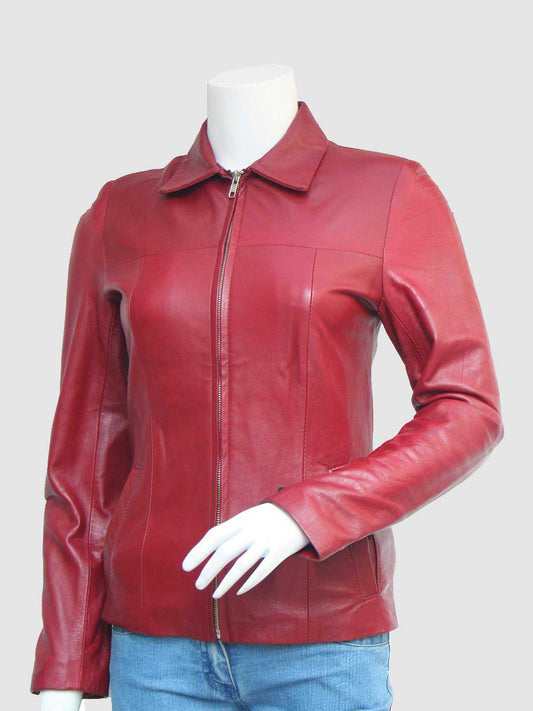 Front view of a tailored red leather jacket for women, showcasing the fold-down collar, smooth texture, and vertical seam lines.