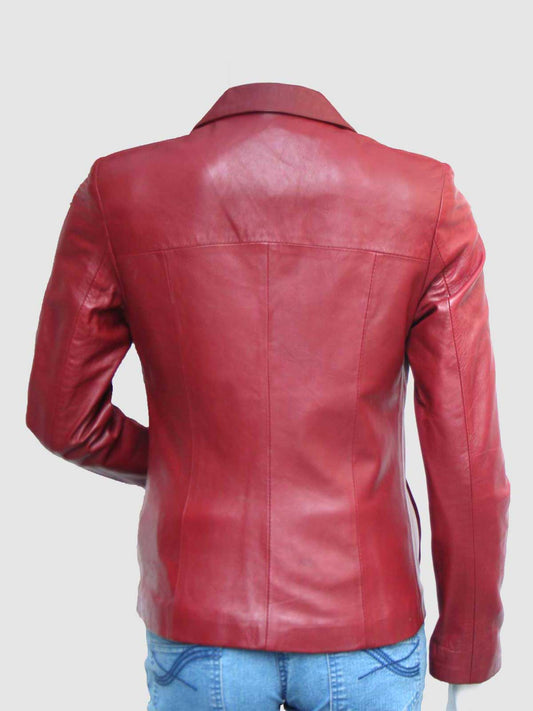 Women's Bright Red Leather Jacket with a classic shirt collar and full front zip closure.