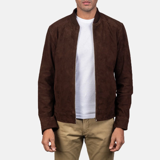 Men's Maverick Brown Suede Bomber Jacket. Classic style with ribbed knit trims and full front zipper.