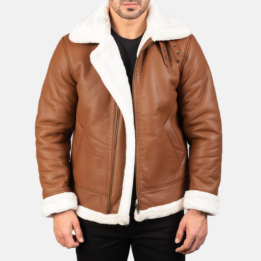Luxurious brown leather jacket with white shearling for men, providing exceptional warmth and an iconic B3 flight jacket style.