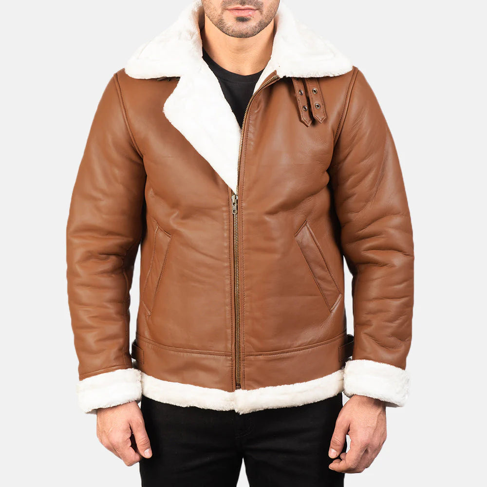 Men's Aviator B3 Brown Leather Shearling Jacket with contrasting white wool collar and lining.