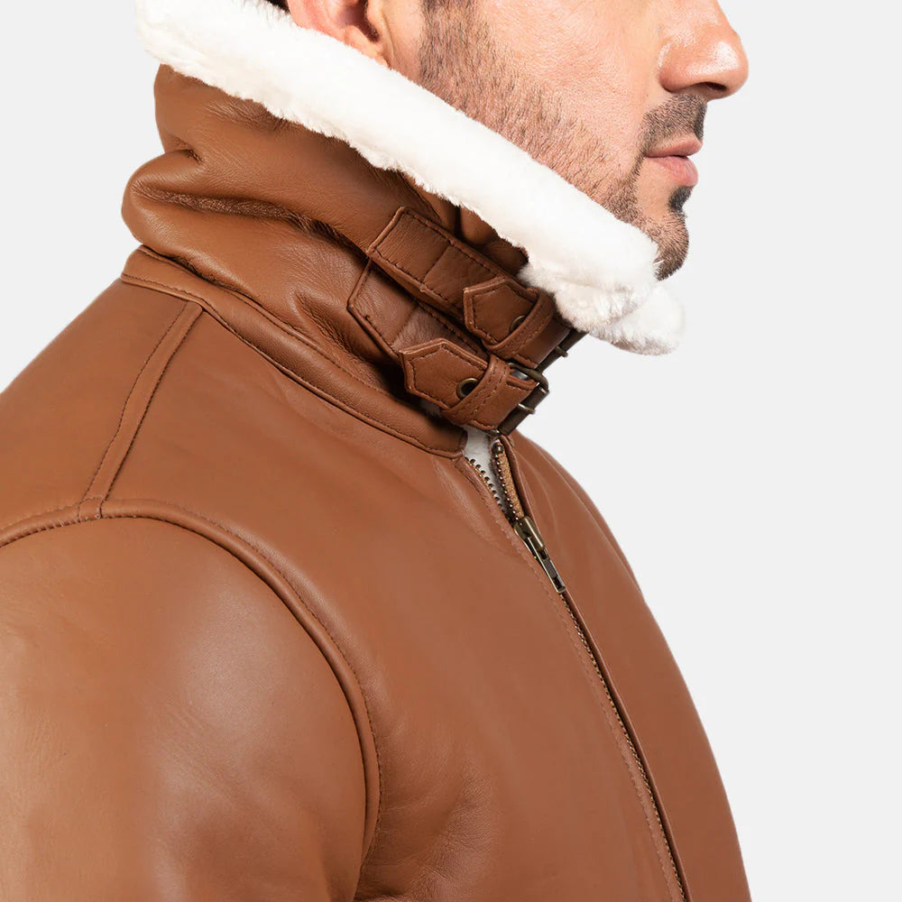 Brown B3 aviator jacket. White shearling, sheepskin leather, winter coat.
