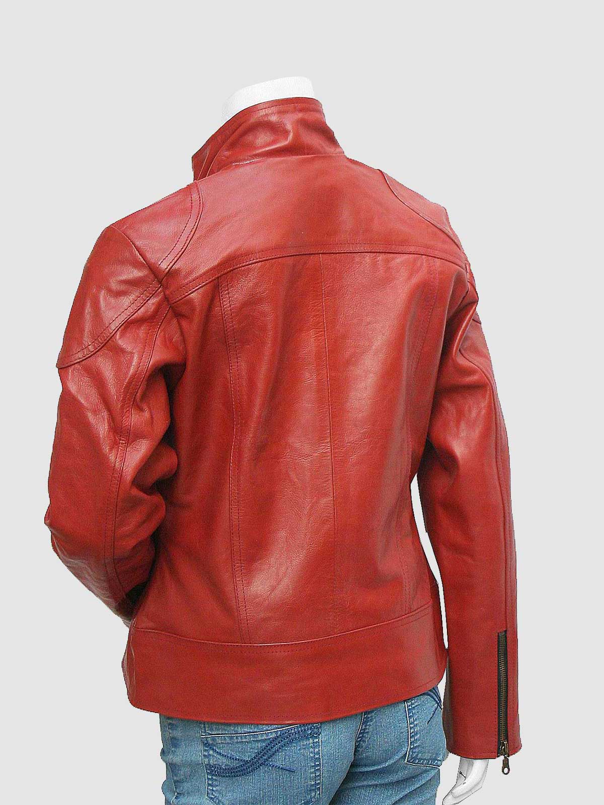 Women's Bright Red Leather Utility Jacket with a stand collar, four snap-button flap pockets, and a tailored fit.