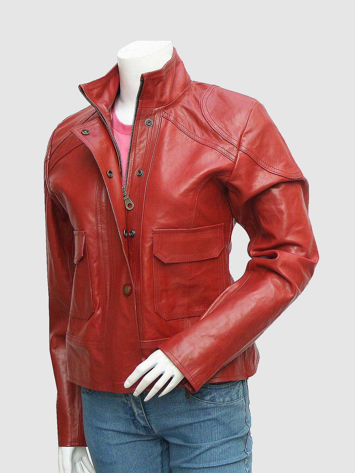Front view of a tailored red leather field jacket for women, showing the high collar, chest and waist flap pockets, and dark hardware details.