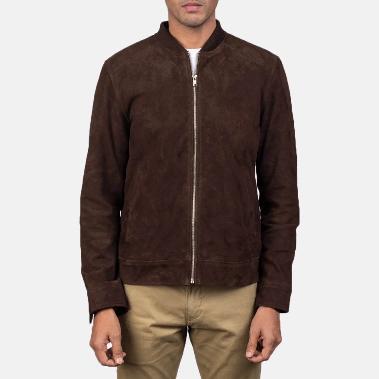 Front view of a man modeling a dark brown suede bomber jacket, showcasing the soft matte texture and ribbed cuffs and hem.