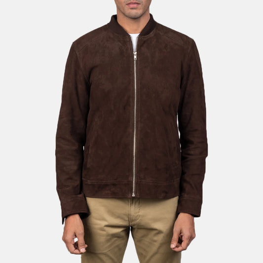 Front view of a man modeling a dark brown suede bomber jacket, showcasing the soft matte texture and ribbed cuffs and hem.