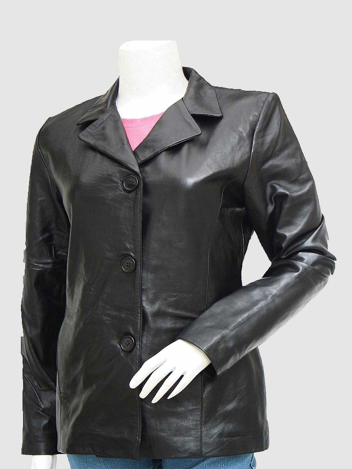 Women's long Black Leather Blazer with a notched lapel collar and a three-button front closure.