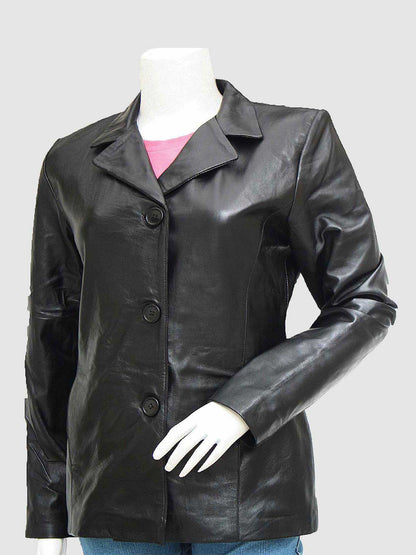 Women's long Black Leather Blazer with a notched lapel collar and a three-button front closure.