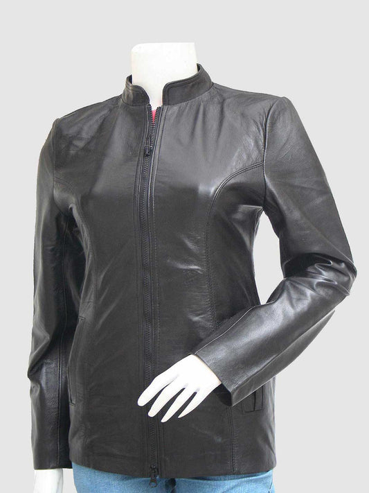 Women's Black Leather Long Jacket with a stand collar and a full front zipper, featuring a tailored fit.