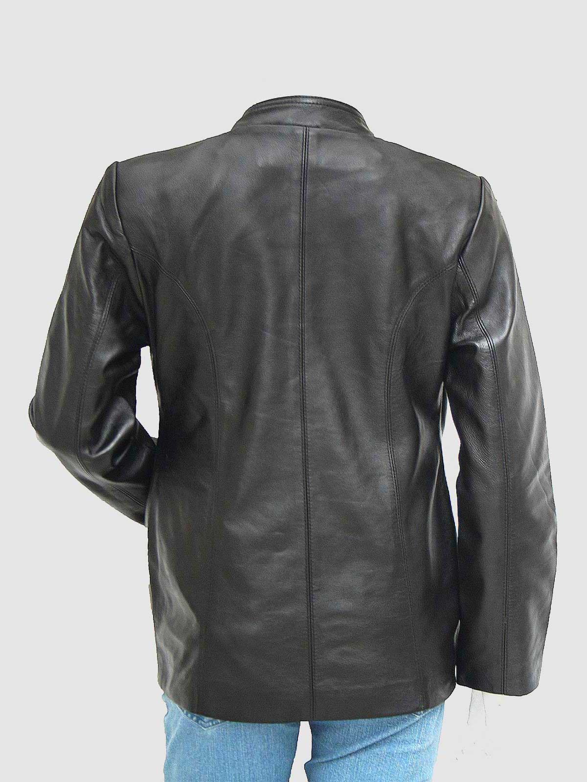 Close-up front view of a sleek black leather coat for women, showcasing the band collar and vertical seam lines down the torso.