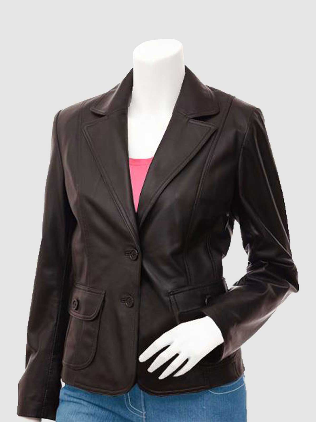 Women's Dark Brown Leather Blazer with notched lapels, two-button front, and patch flap pockets.