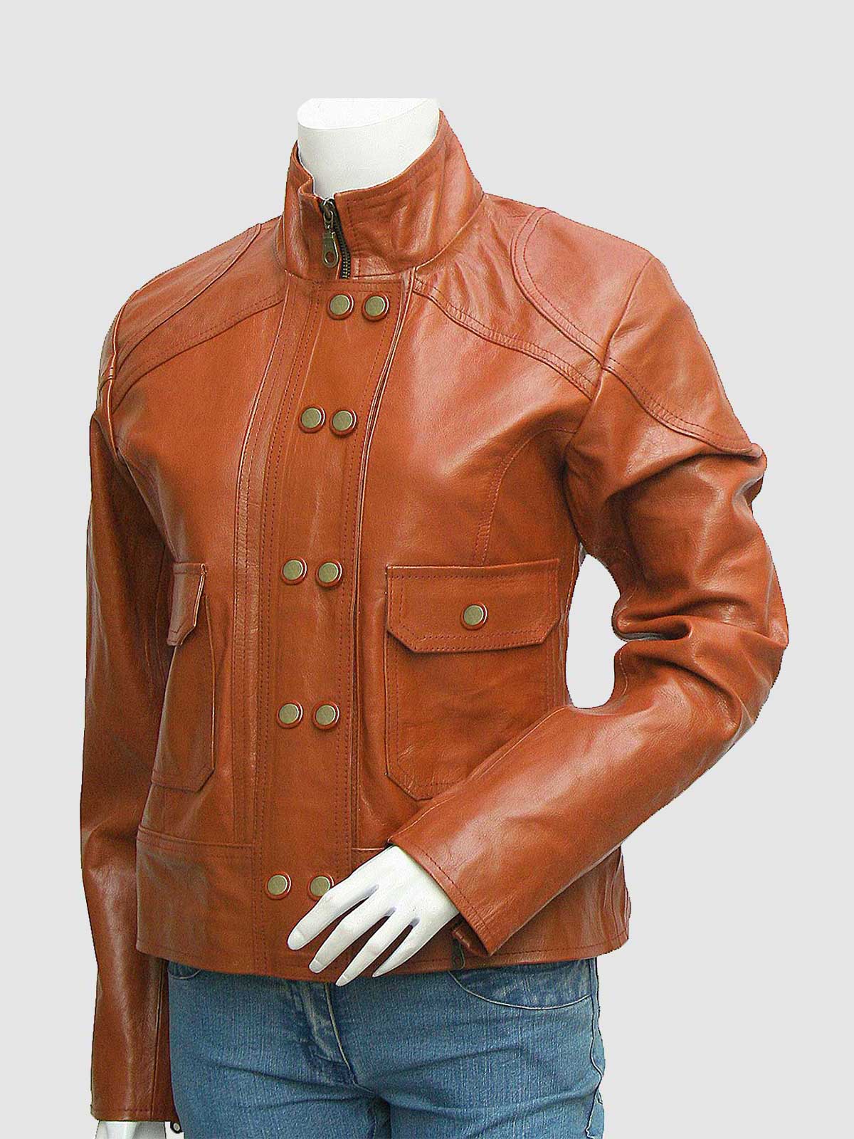 Women's Dark Brown Leather Blazer with notched lapels, two-button front, and patch flap pockets.
