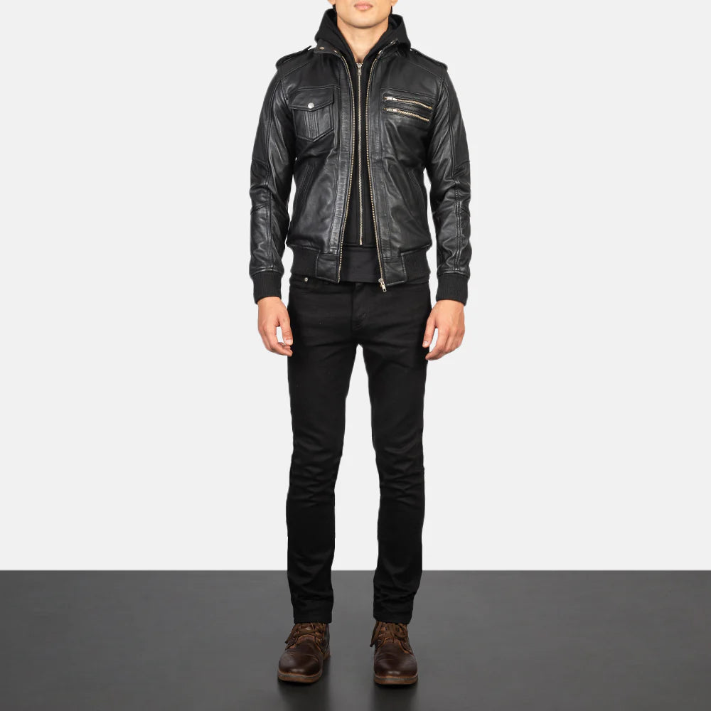 Men's Voltex tan leather field jacket. Features a four-pocket design and snap-button stand collar.
