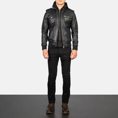 Men's Voltex tan leather field jacket. Features a four-pocket design and snap-button stand collar.