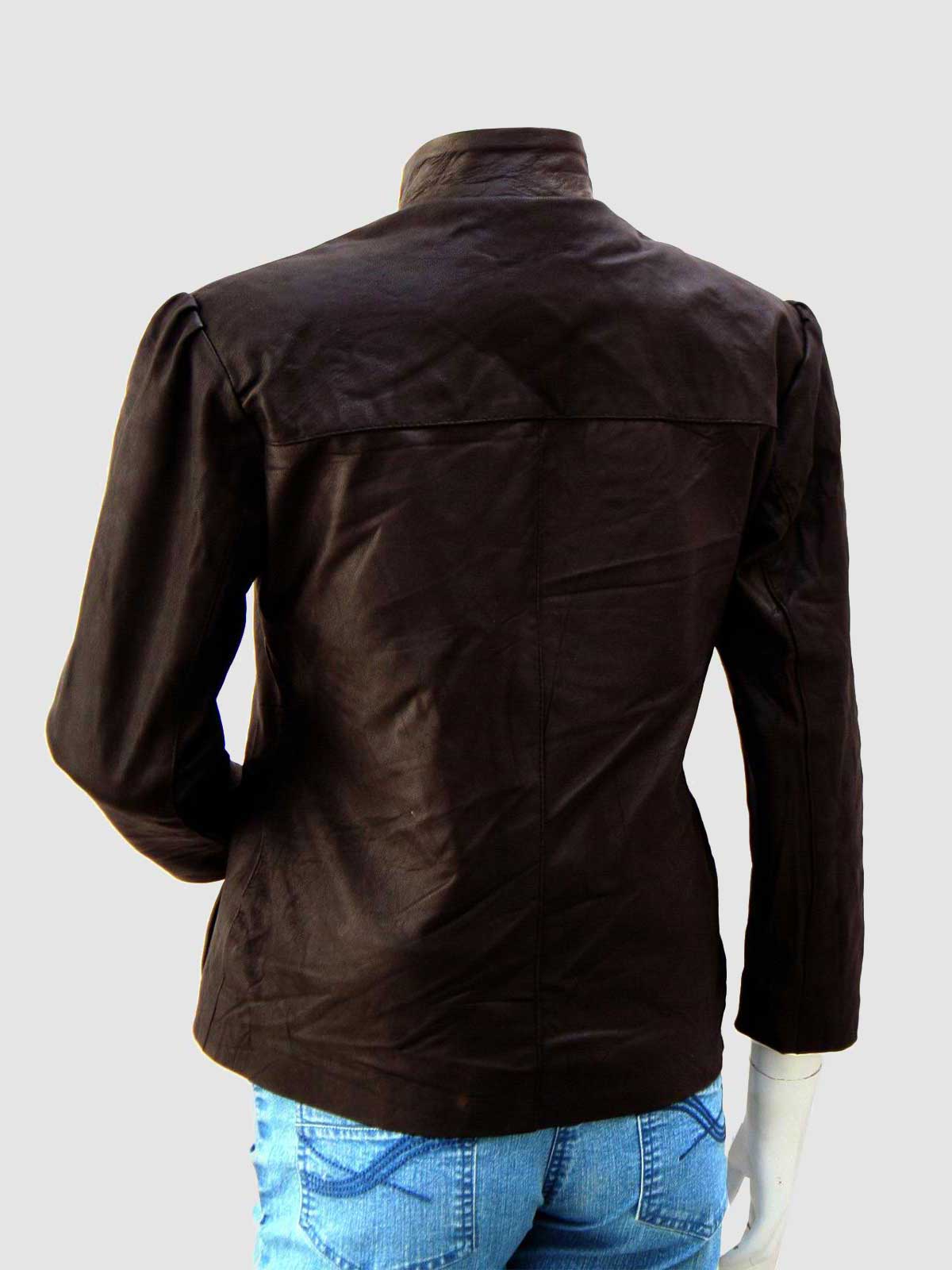 Women's Cognac Brown Leather Military Utility Jacket with brass snap buttons, a stand collar, and four flap pockets.