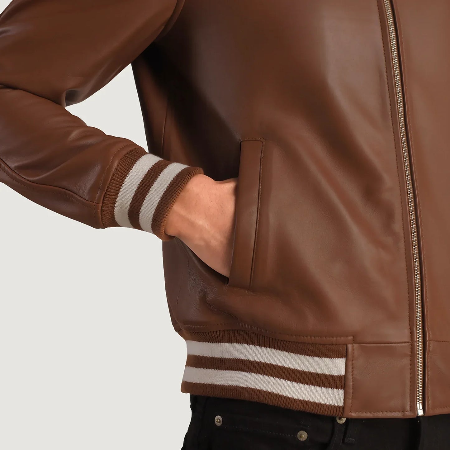Brown leather jacket. Varsity bomber, striped cuffs, shirt collar.