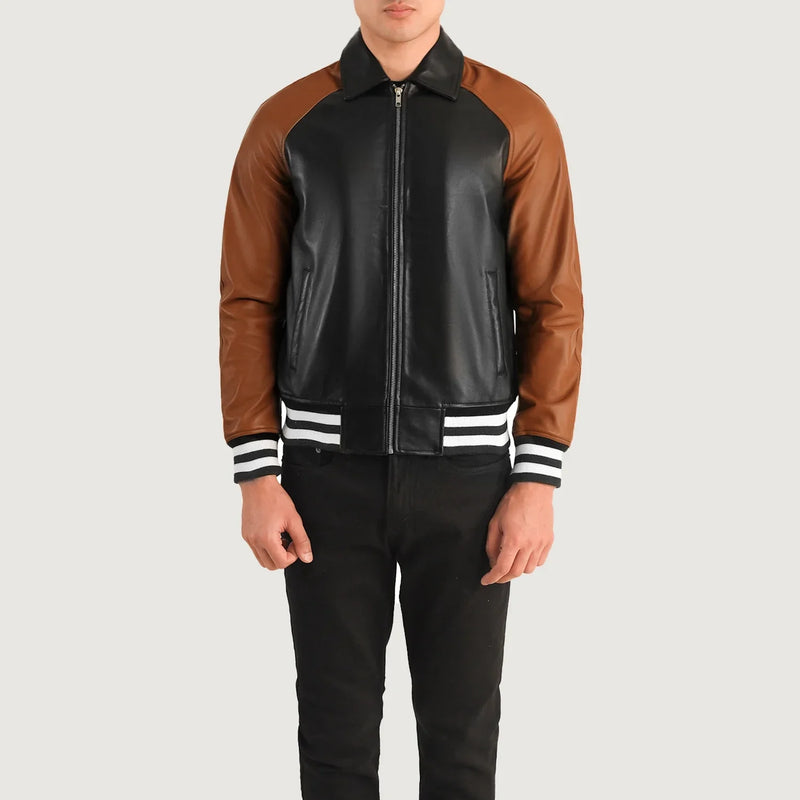 Men's Color Block Black and Brown Leather Bomber Jacket with white striped ribbed trims.