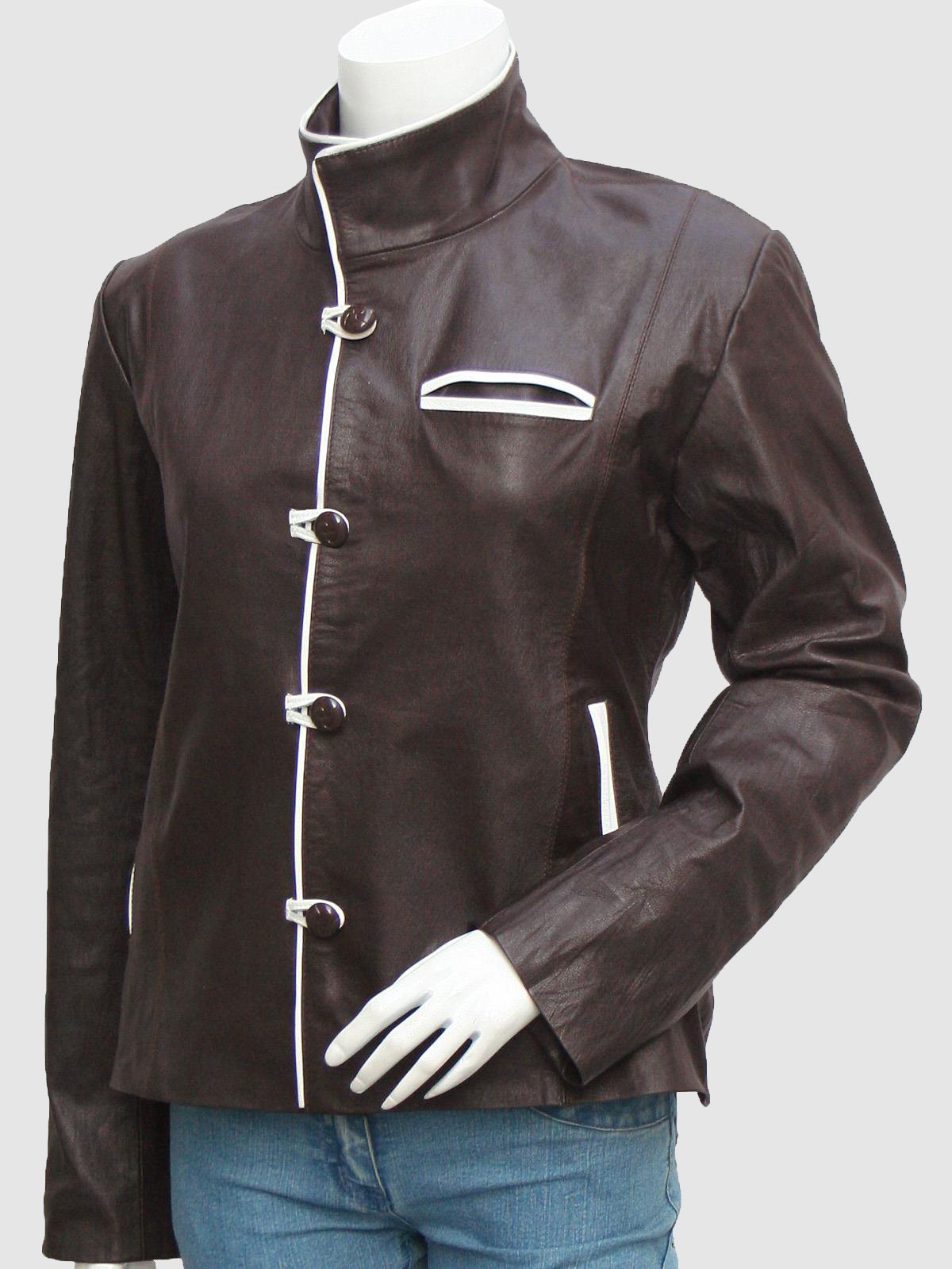 Women's Dark Leather Military Style Jacket with a stand collar, decorative silver buttons, and dual zippered chest pockets.