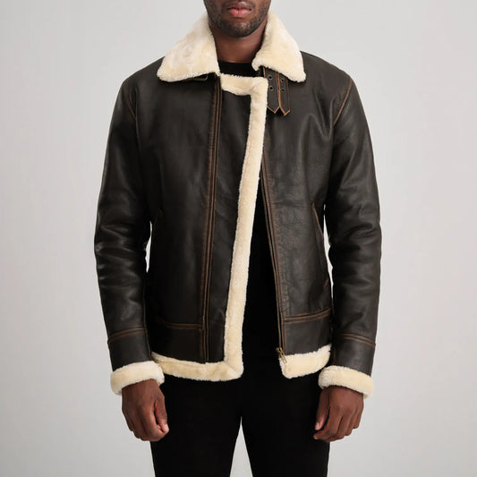 Back view of Men's Aviator B3 Brown Leather Shearling Jacket, showing white wool lining and exposed seams.