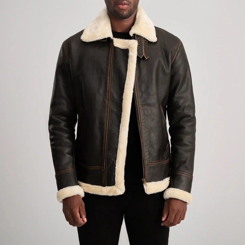 Back view of Men's Aviator B3 Brown Leather Shearling Jacket, showing white wool lining and exposed seams.