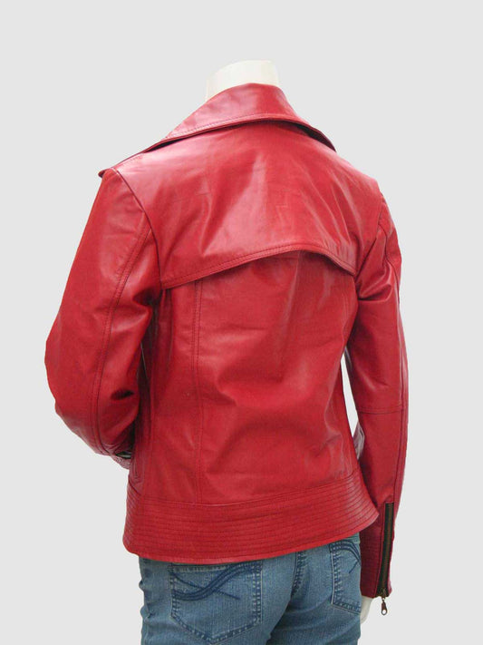 Women's Bright Red Leather Moto Jacket with an asymmetrical zipper, wide collar, and ribbed detailing on the sleeves and waist.