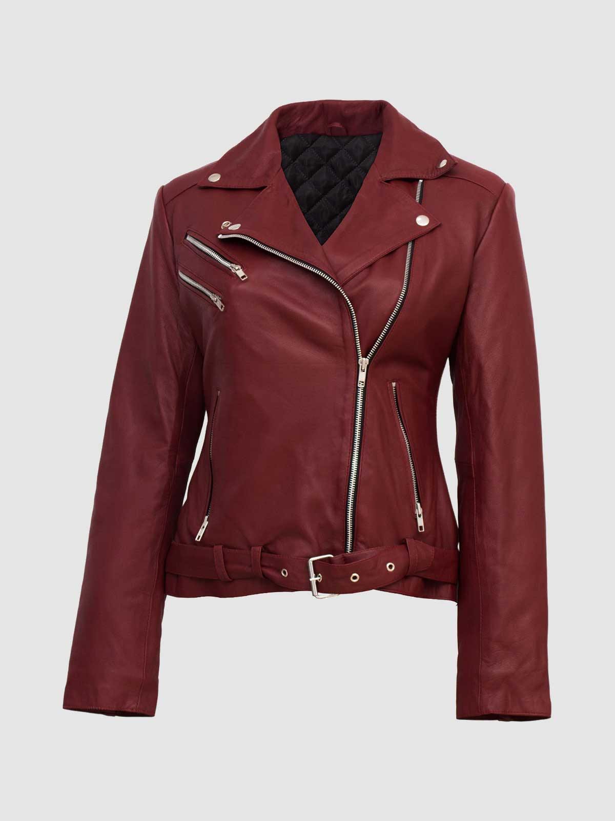 Women's Cognac Brown Leather Cafe Racer Jacket with a stand collar and tailored front seam details.