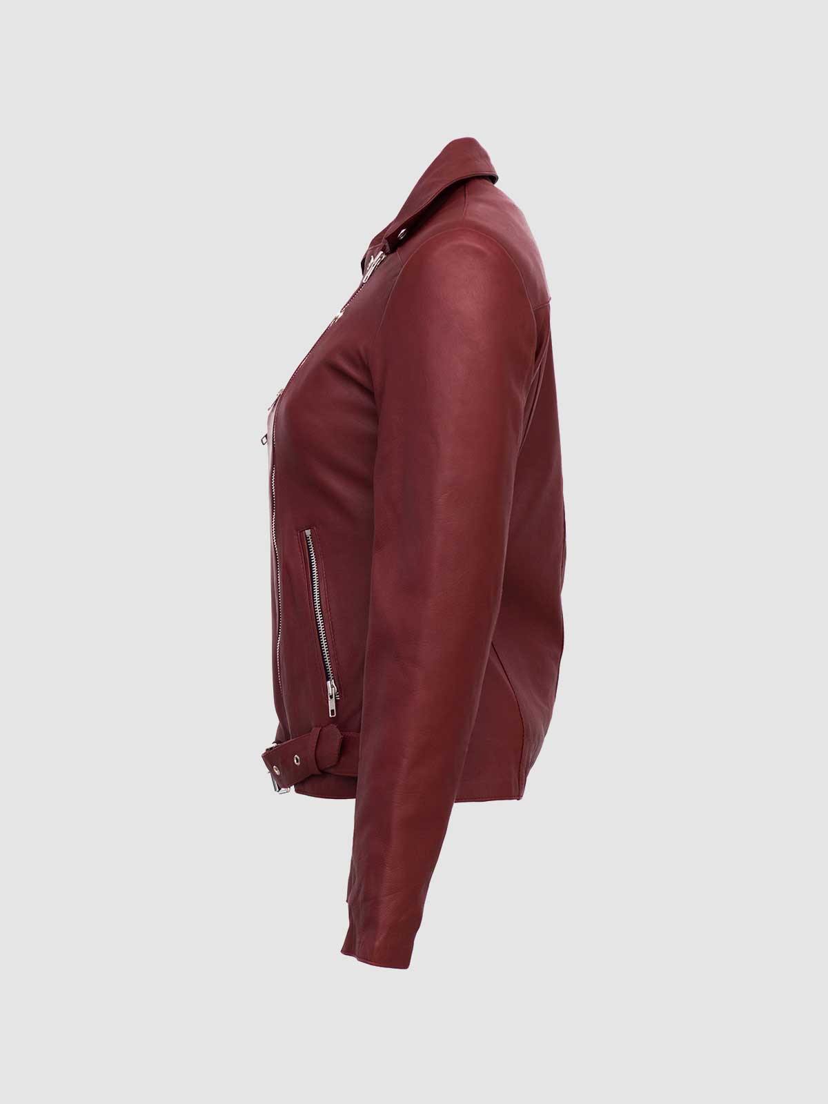 Front view of a smooth brown leather jacket for women, showing the black full-zip closure and detailed vertical stitching on the chest.