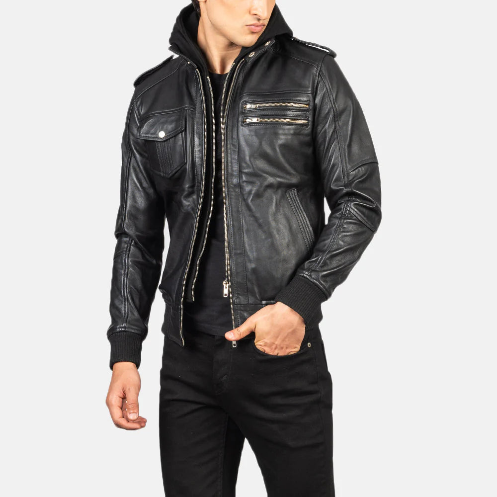 Tan leather jacket. Field style, four pockets, cafe racer collar.