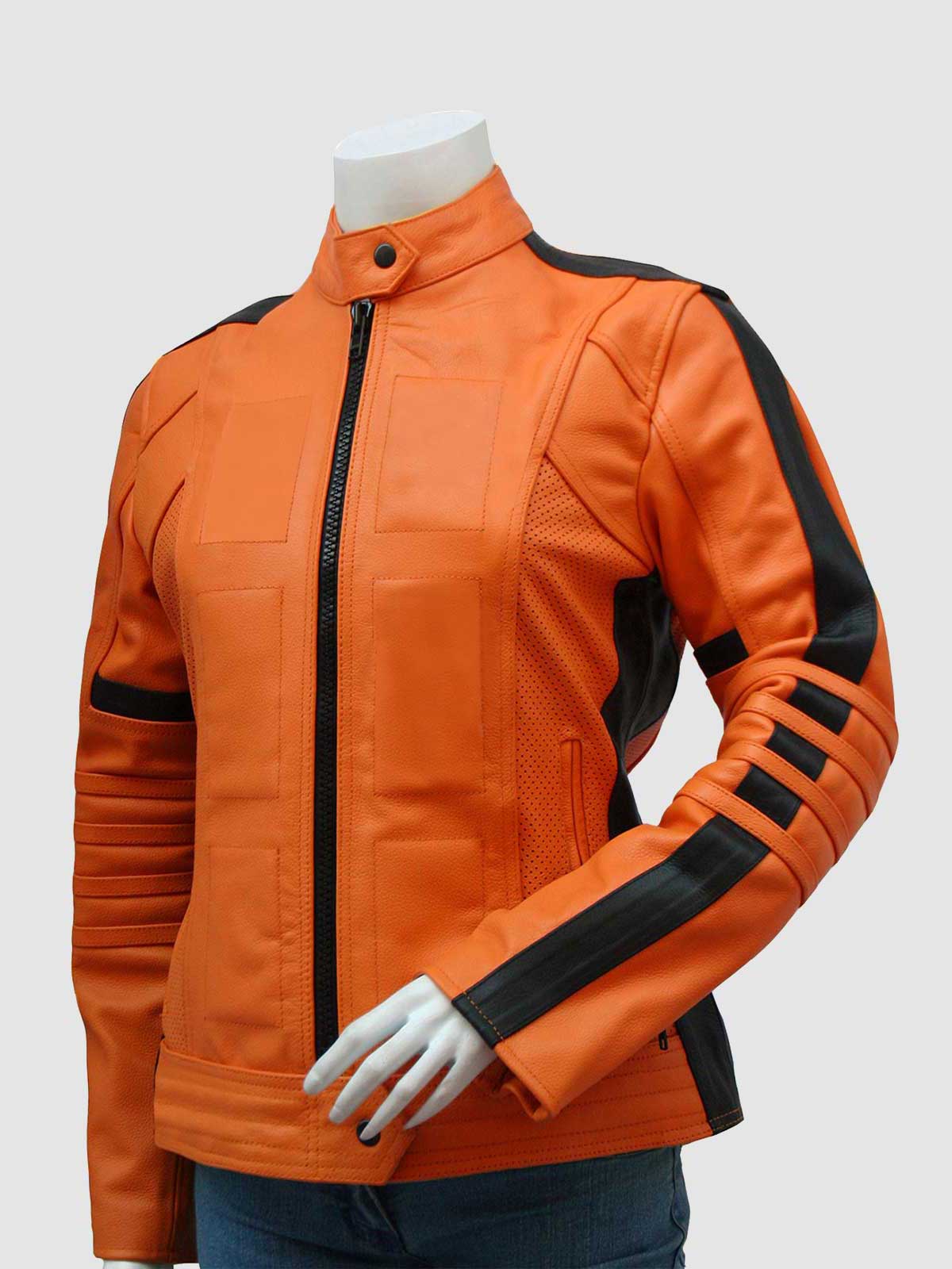 Women's Orange and Black Leather Racing Jacket with a stand collar, black stripes, and perforated side panels.