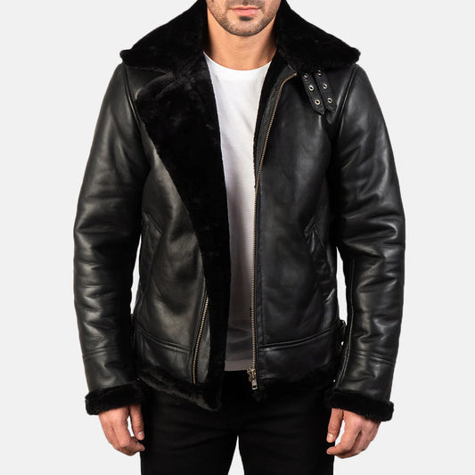 Men's studded black leather double rider biker jacket with quilted sleeve panels.