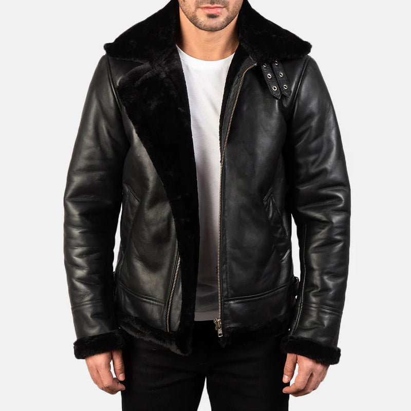 Men's studded black leather double rider biker jacket with quilted sleeve panels.