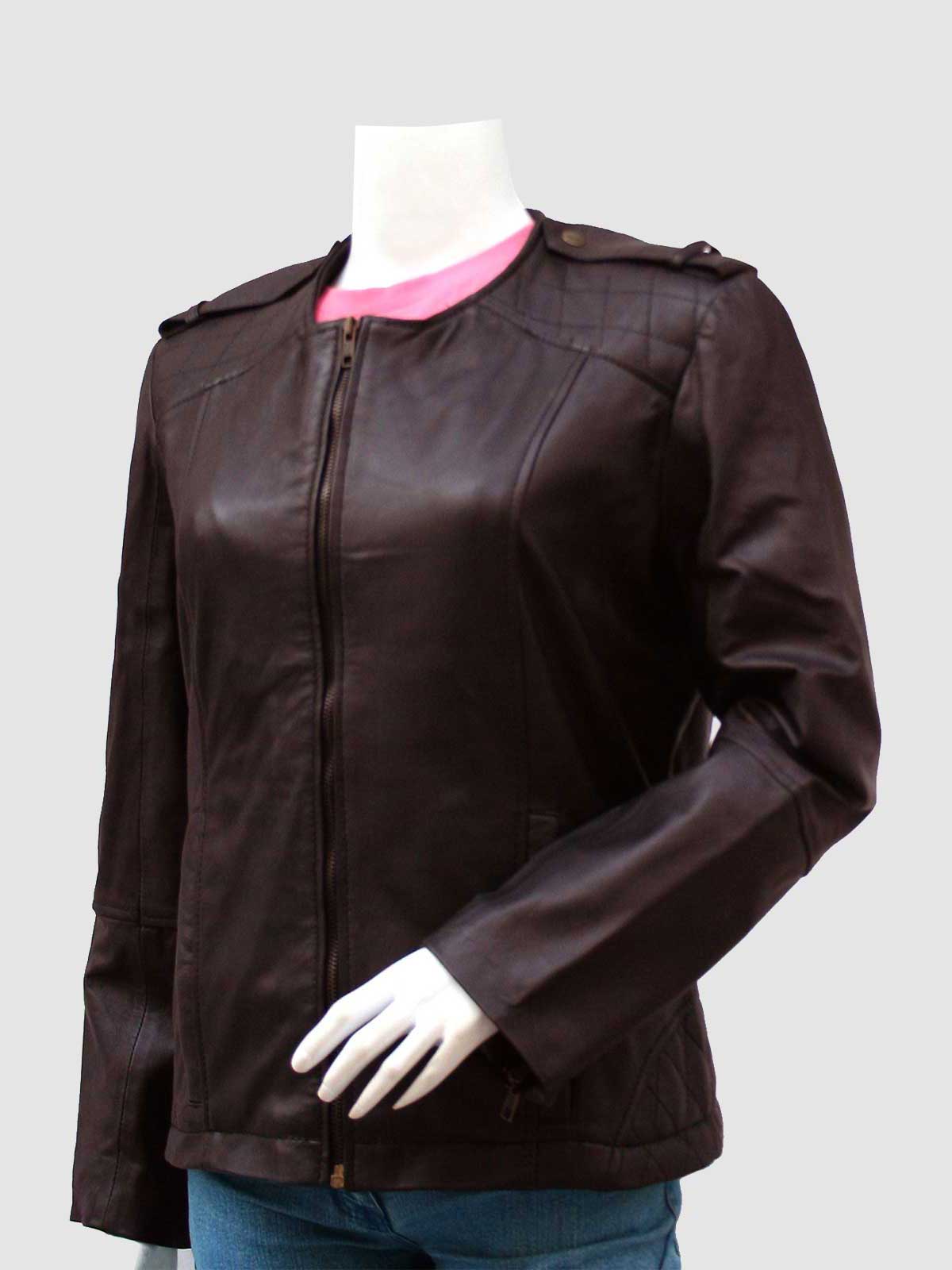Front view of a tailored dark brown leather bomber jacket for women, showing diamond quilting on the shoulders and a full central zipper.
