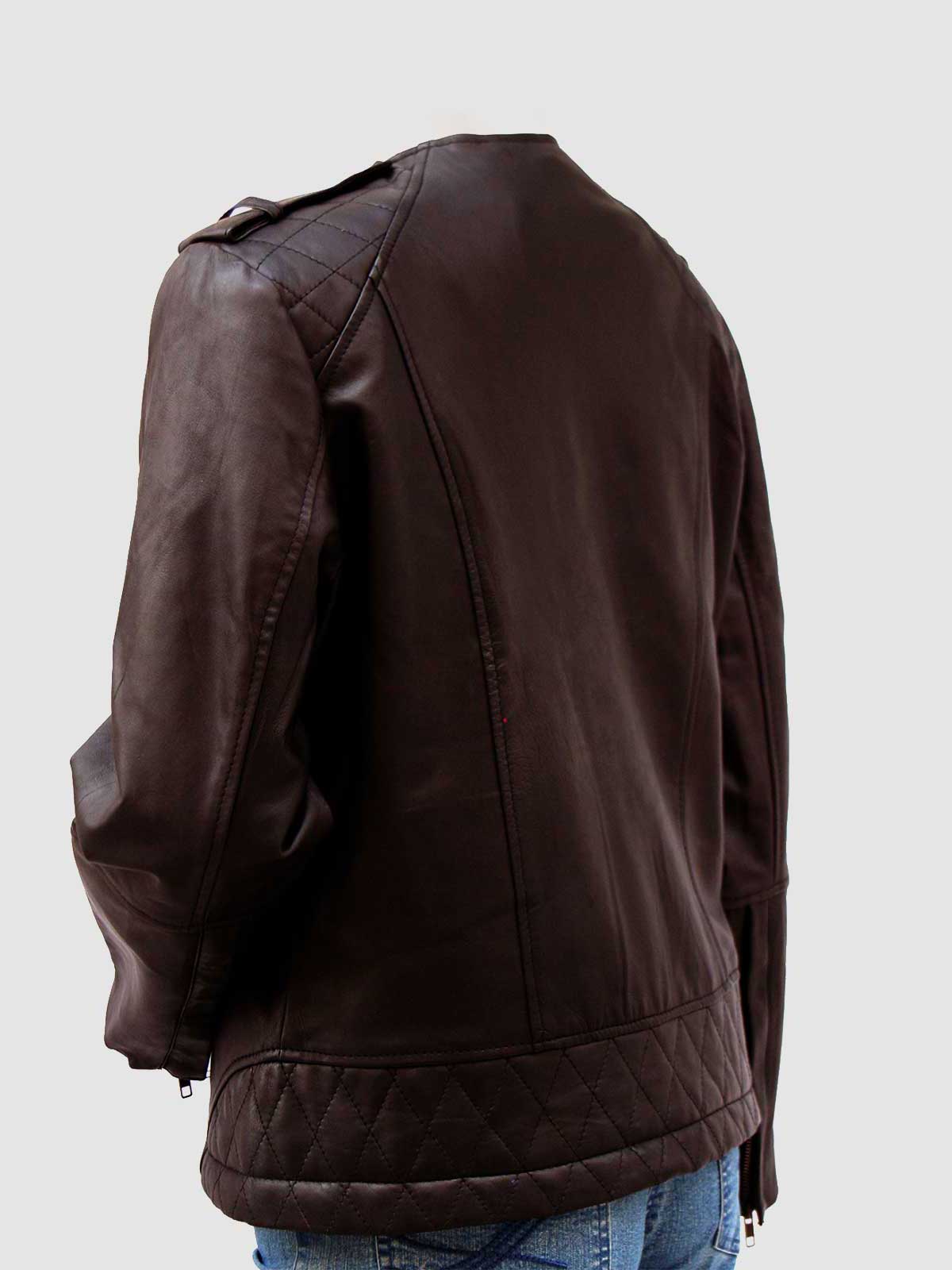 Women's Dark Brown Leather Jacket with quilted shoulder panels and a minimalist band collar.