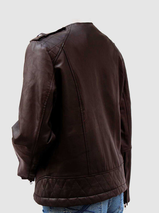Women's Dark Brown Leather Jacket with quilted shoulder panels and a minimalist band collar.