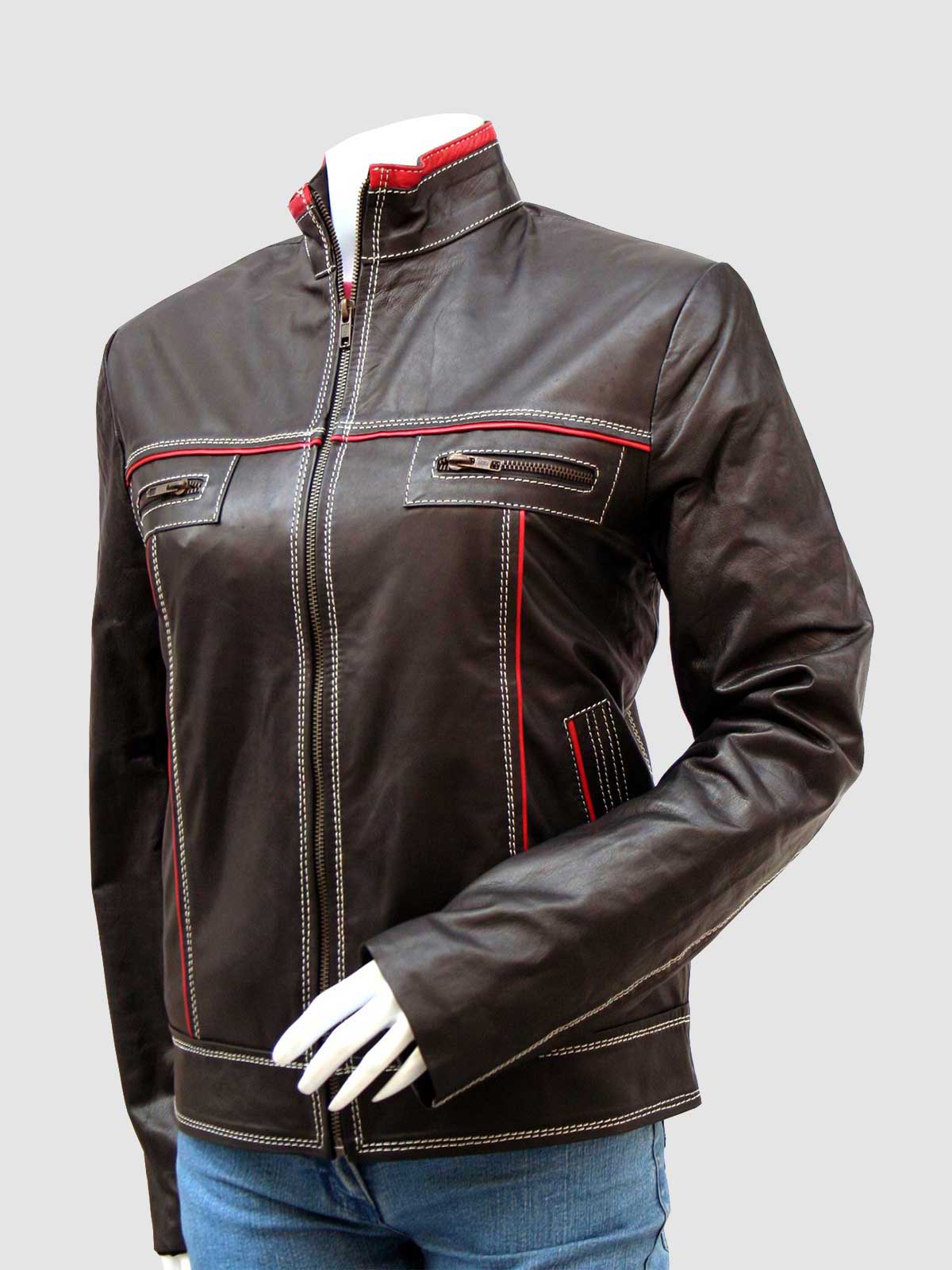 Women's Dark Brown Leather Racer Jacket with red piping, white contrast stitching, and a stand collar.