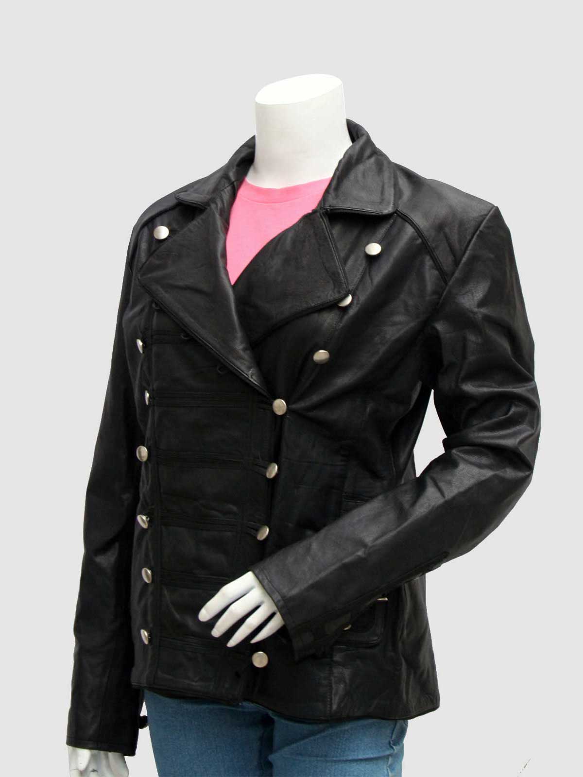 Women's Black Leather Double-Breasted Jacket with a peacoat design and rows of prominent silver military-style buttons.