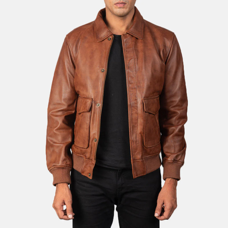 Men's Alberto brown shearling leather B3 bomber jacket with full brown lining and collar.