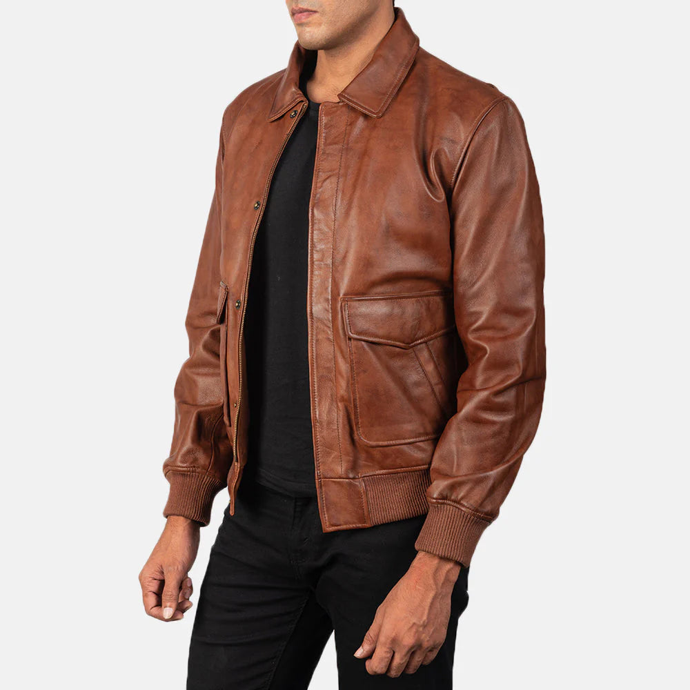 Brown shearling B3 bomber jacket. Leather, fur collar, aviator style.