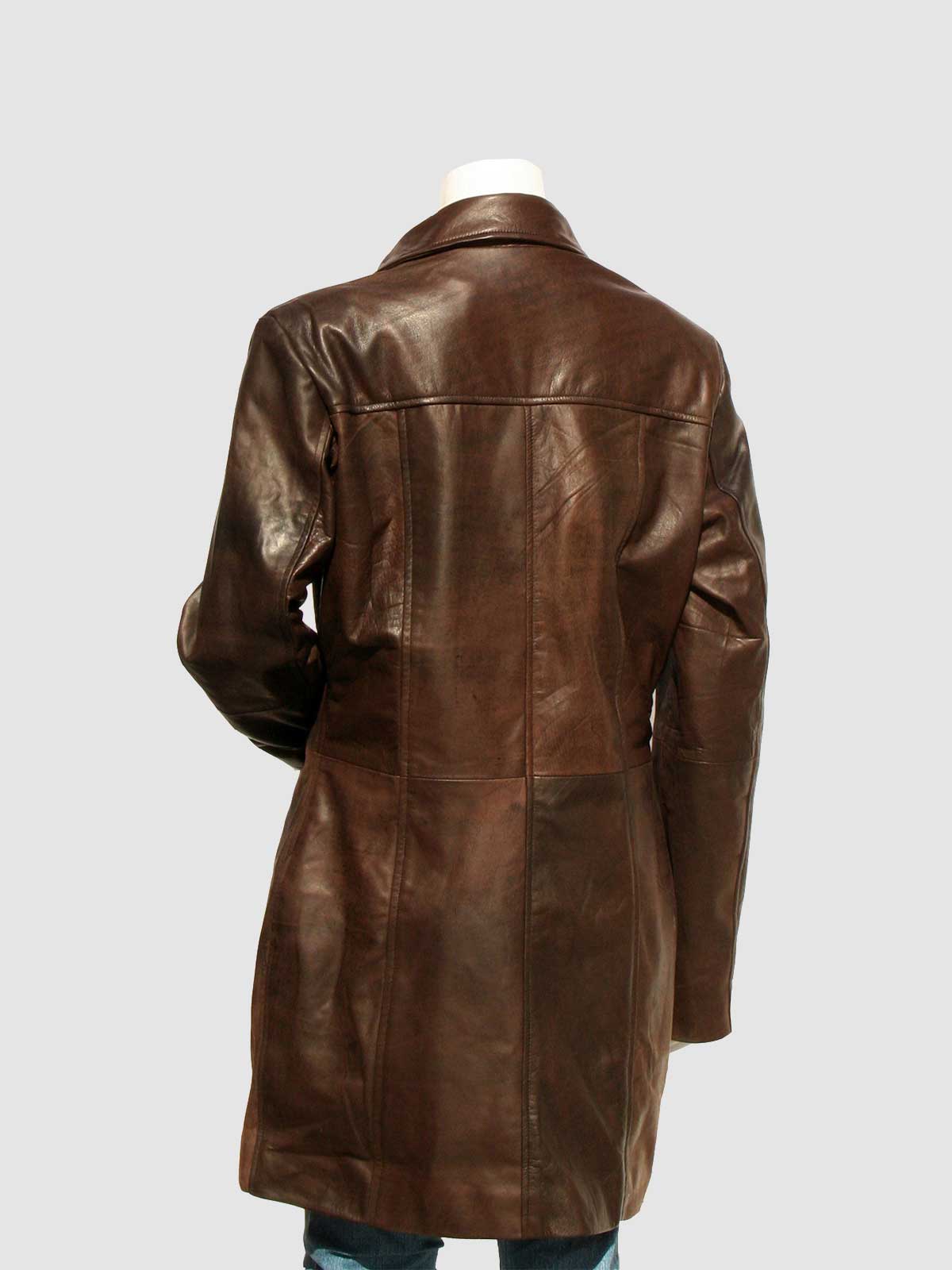 Women's Brown Leather Car Coat jacket with a single-breasted closure and a pointed collar.