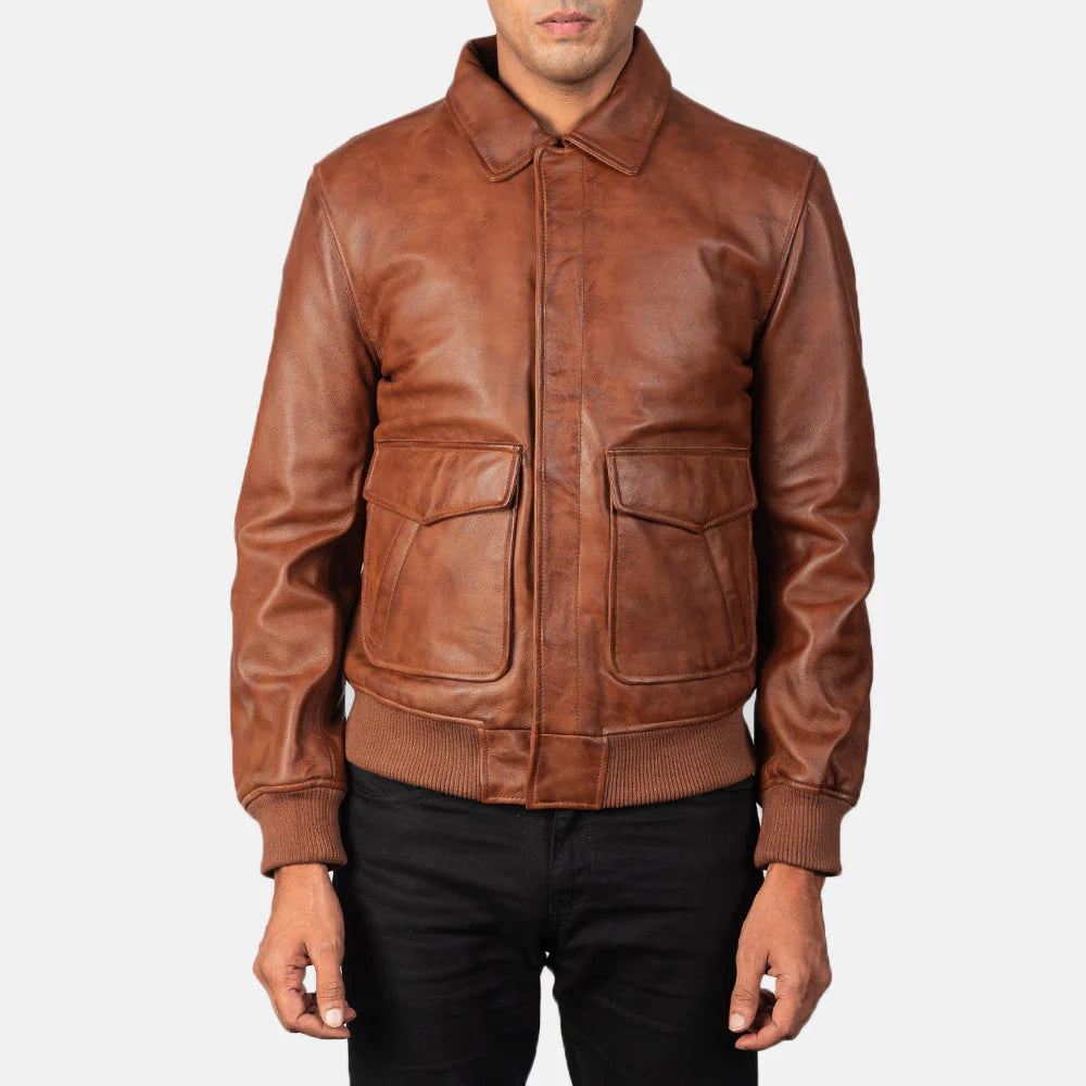 Warm brown  leather aviator jacket for men, lined with genuine brown shearling for superior cold-weather comfort and style.