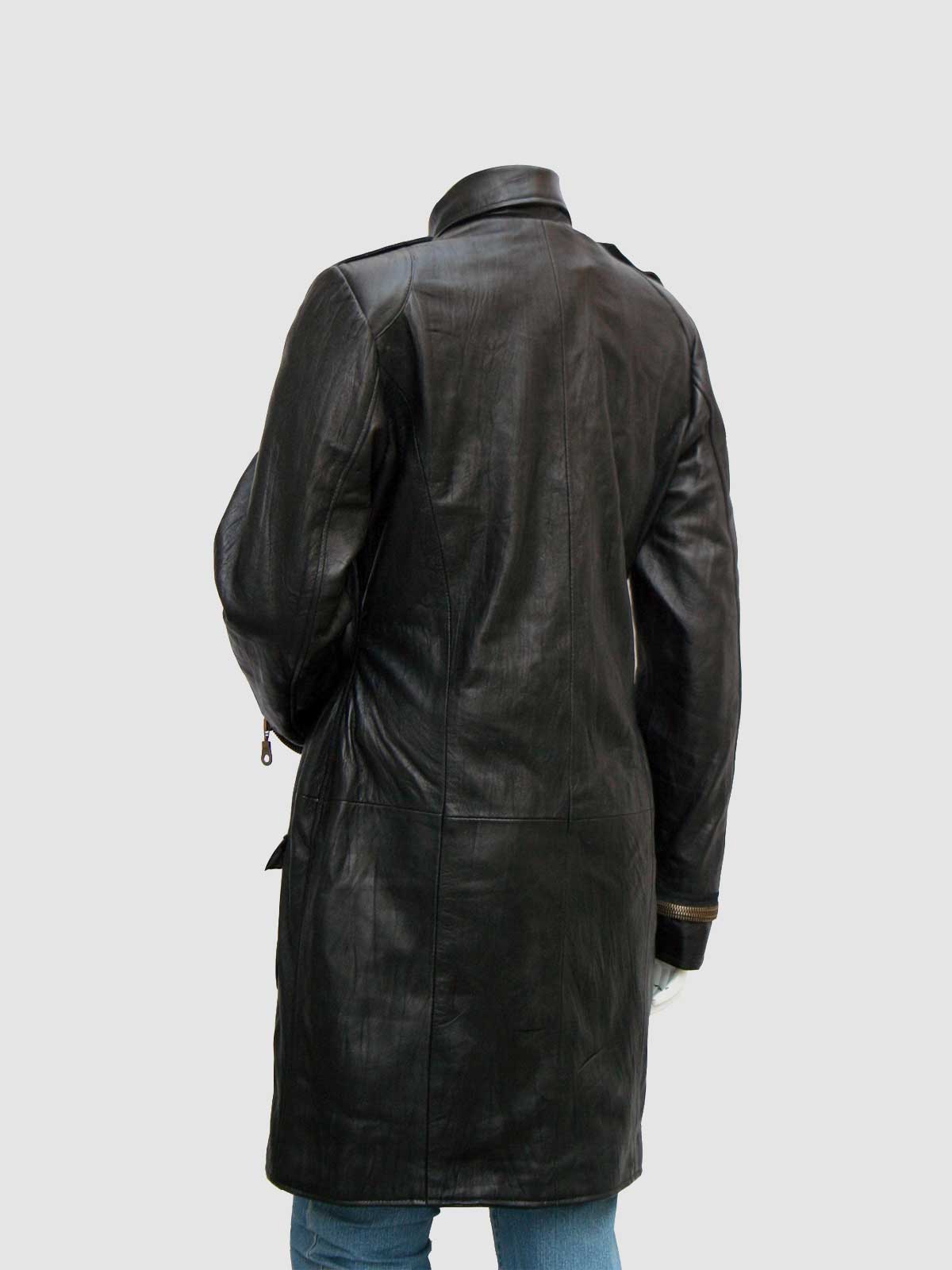 Women's Black Leather Long Coat with cascading bronze-tone zippers down the front and multiple utility pockets.