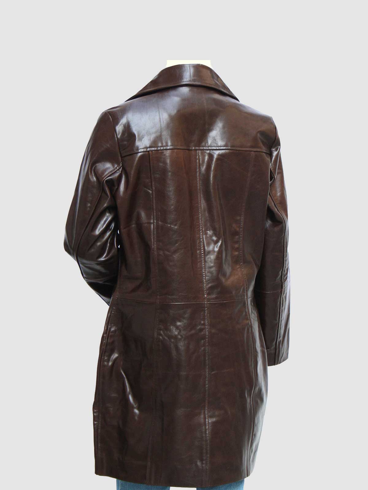 Women's Glossy Chestnut Brown Leather Car Coat with a single-breasted button front and notched lapel collar.