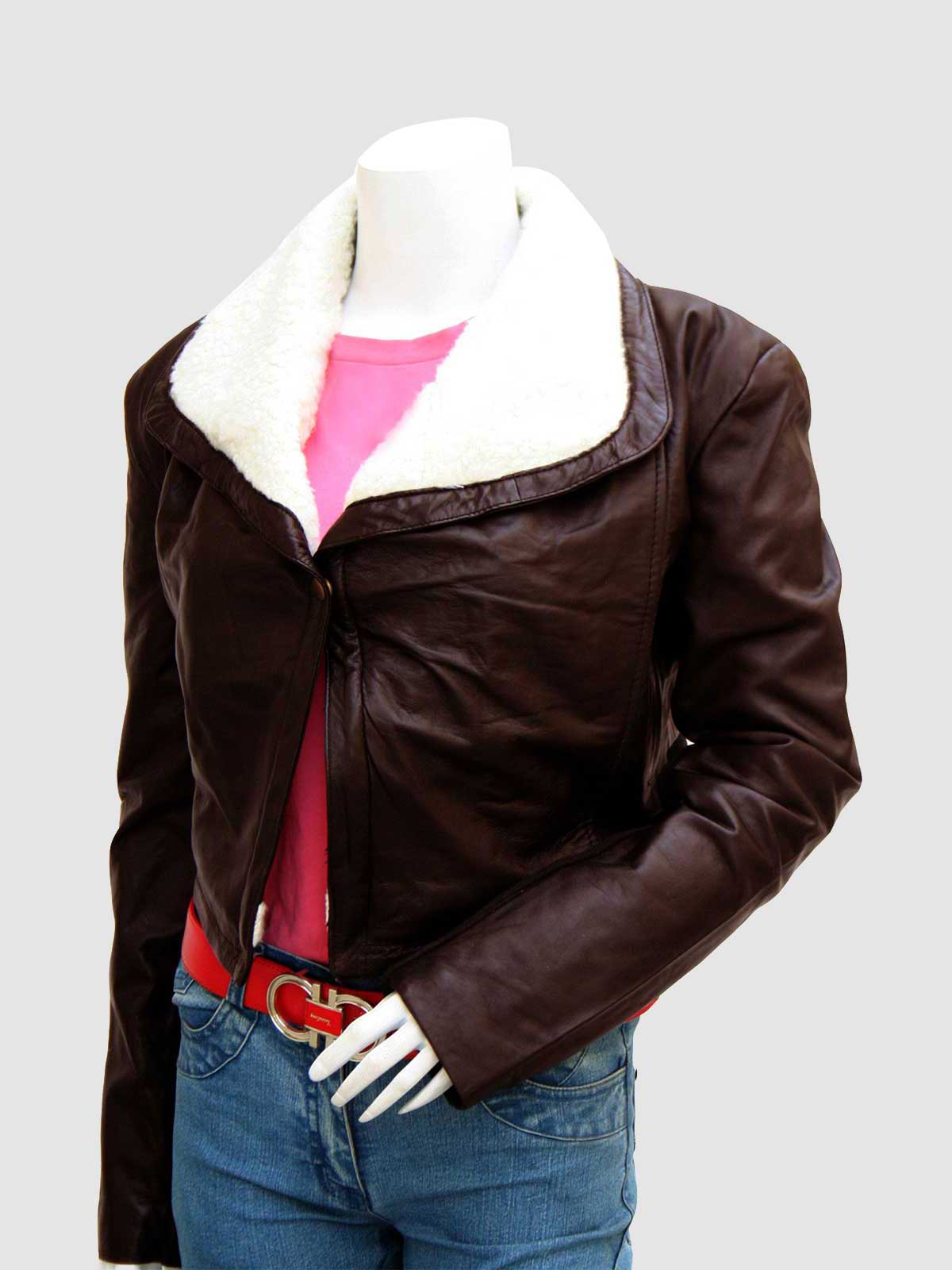 Front view of a dark brown leather jacket for women, featuring a wide white faux-shearling collar and a flattering cropped fit.