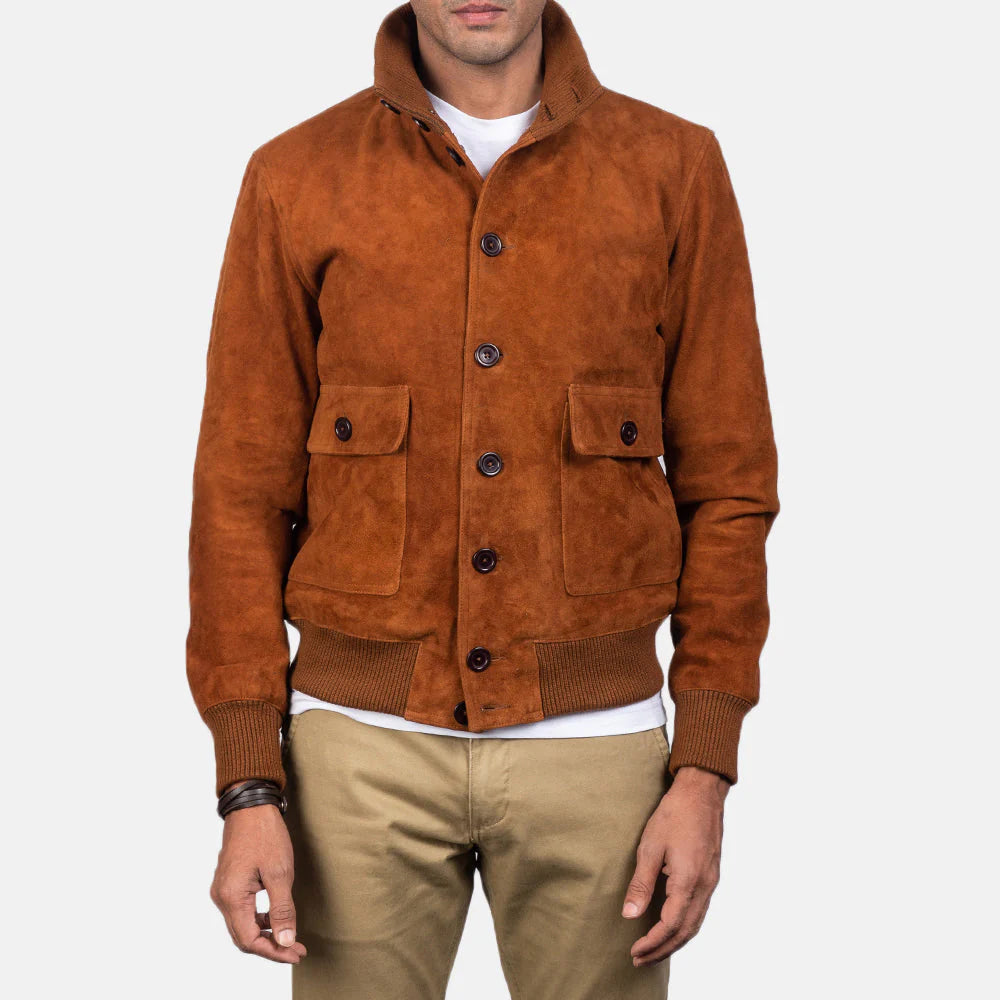 Classic brown leather flight jacket for men, offering a vintage look, comfortable ribbed hem, and two practical patch pockets.