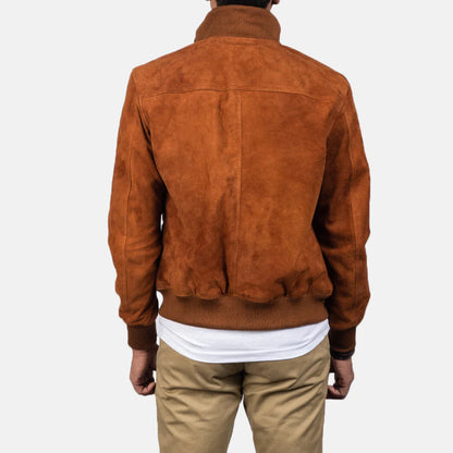 Classic military style brown leather jacket with large flap pockets and a distinguished pointed collar.