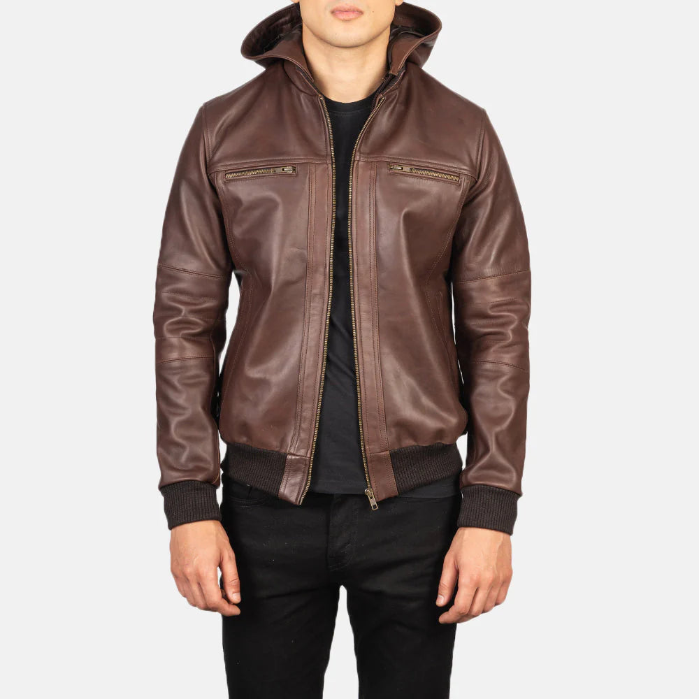 Men's Aspen Brown Suede Button-Front Bomber Jacket with flapped patch pockets and ribbed hem.