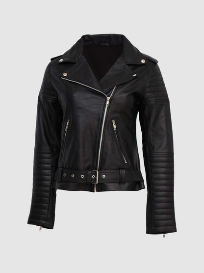 Women's Black  Leather Double Rider Biker Jacket with asymmetrical zip, notched lapels, and waist belt.