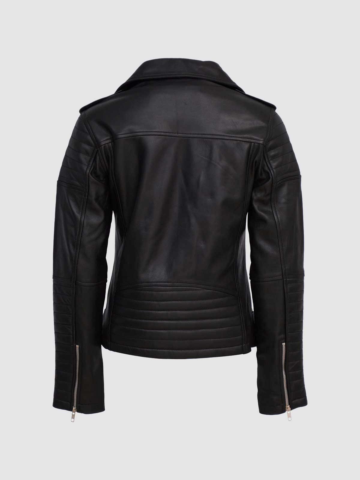 Black leather biker jacket. Double rider, asymmetrical, belted, silver hardware.