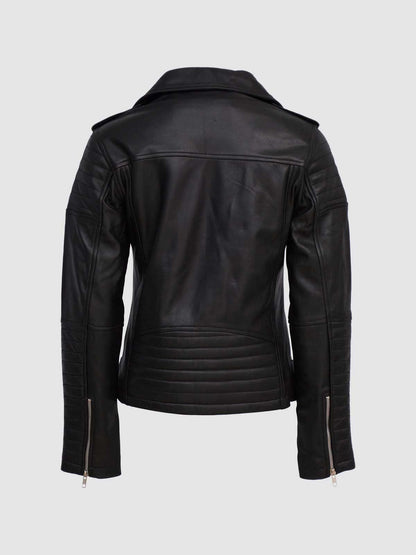 Black leather biker jacket. Double rider, asymmetrical, belted, silver hardware.